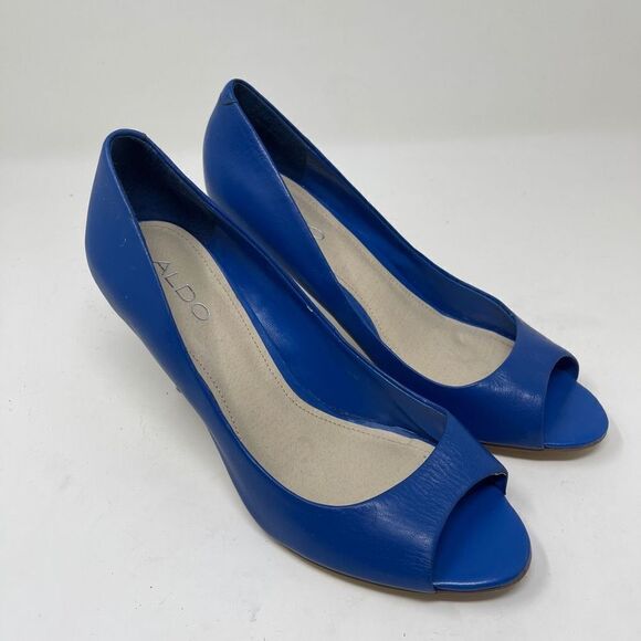 Aldo Women's Peep Toe Pump Stacked Heels Slip On Leather Blue Size EU 38 - Picture 1 of 13